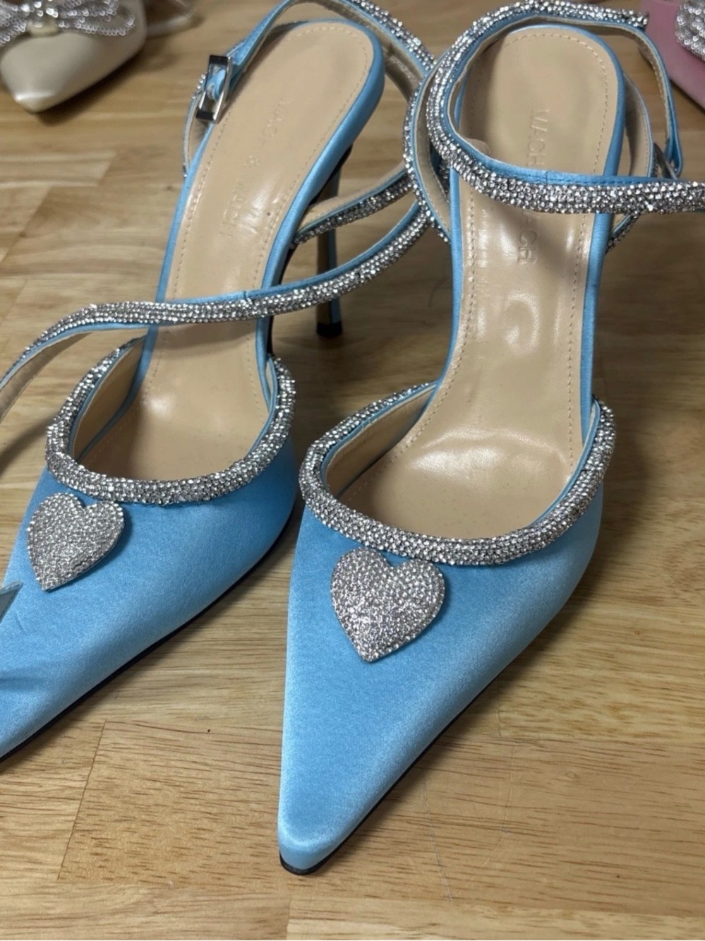 Mach & Mach Blue Satin Crystal Heart Pumps Size 38